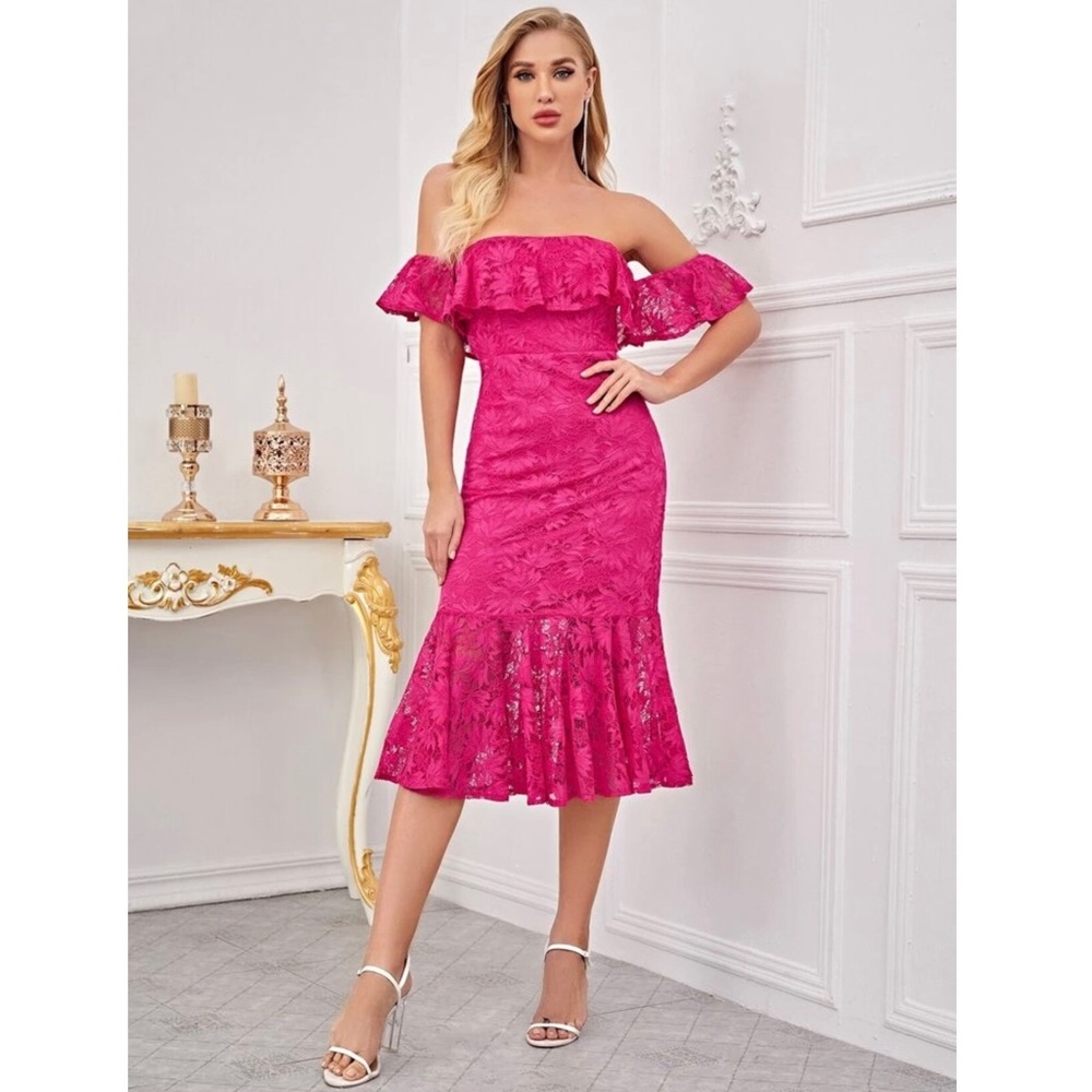 Flounce Off Shoulder Fishtail Hem Lace Dress